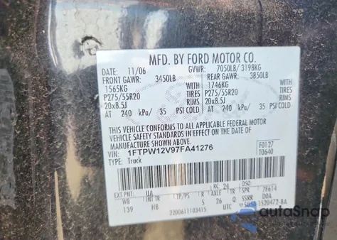 2007 Ford F150 Supercrew from USA, damaged, VIN 1FTPW12V97FA41276